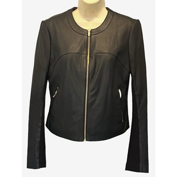 New Via Spiga Black Leather Stretch Fabric Combo Zip Moto Jacket - Picture 3 of 13